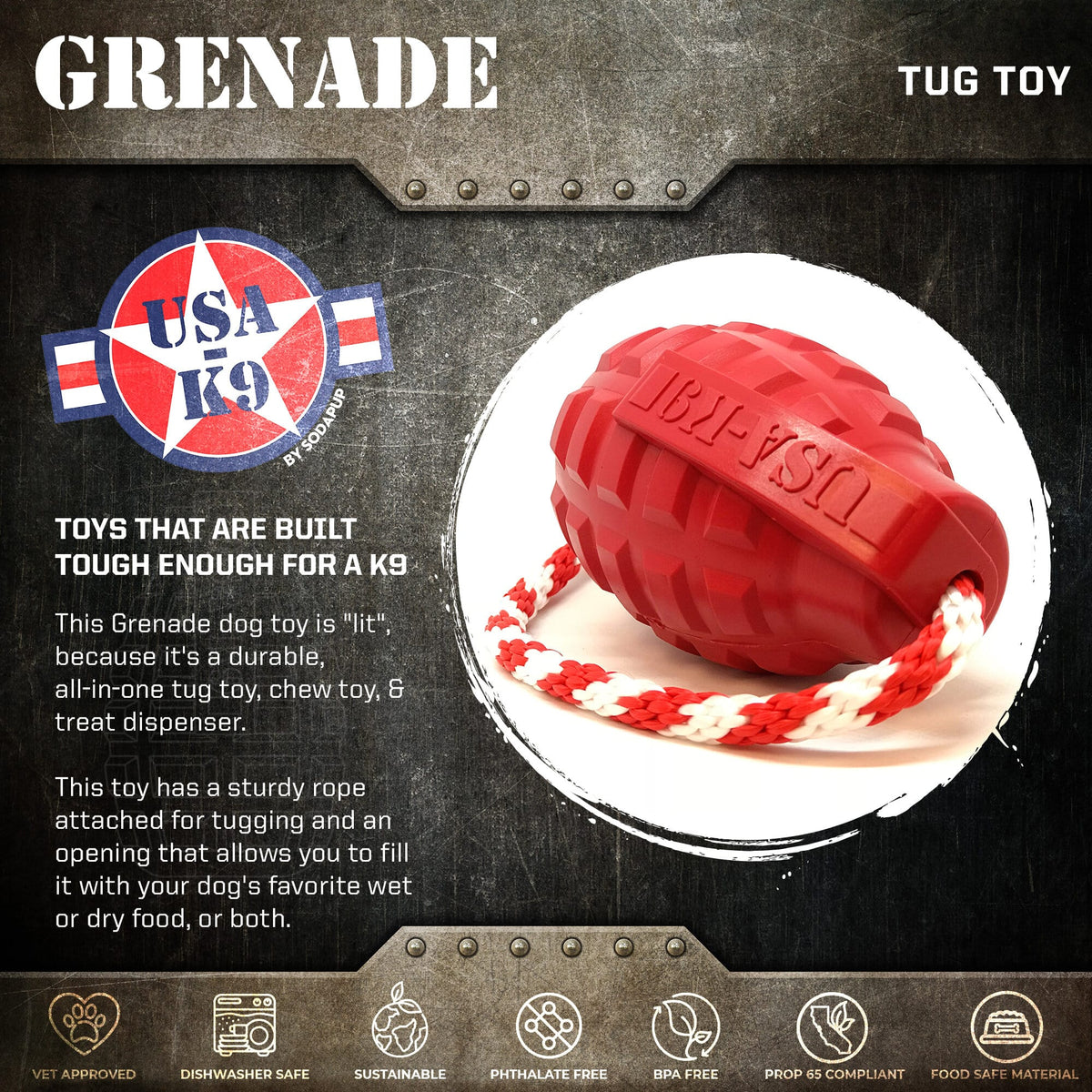 USA-K9 Grenade Rubber Dog Chew Toy | K9 Handler Reward Toy | Blue | USA Made - BIG FRENCHIES
