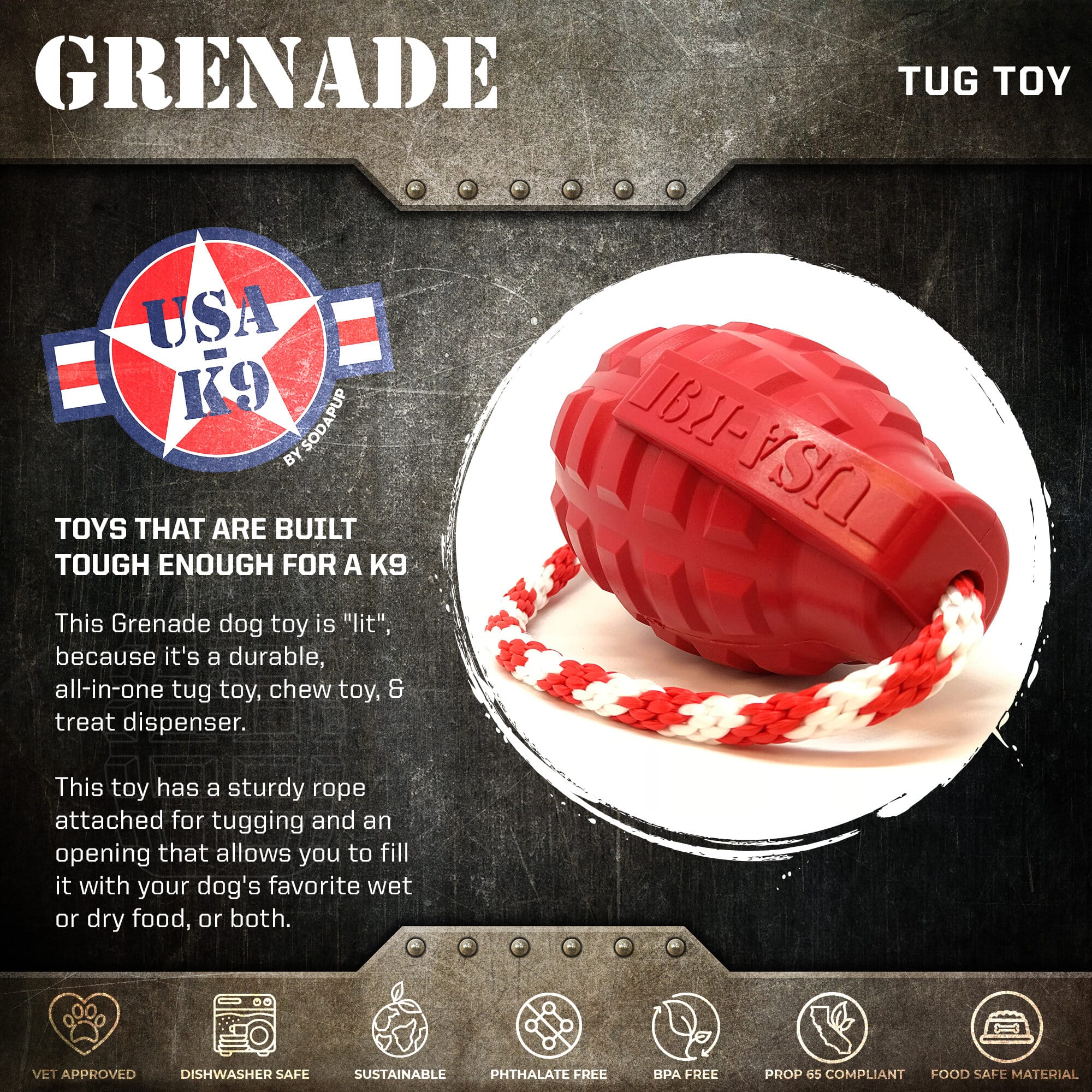 USA-K9 Grenade Shaped Rubber Dog Toy - Chew, Treat Dispenser & Tug Toy | USA - Army Green - BIG FRENCHIES