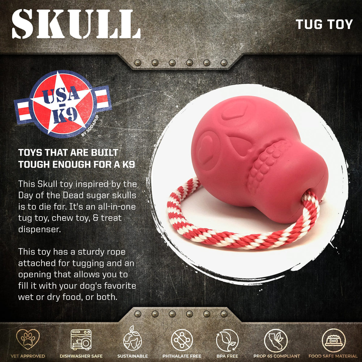 USA-K9 Skull Dog Chew Toy & Treat Dispenser - Made in USA | SodaPup - BIG FRENCHIES
