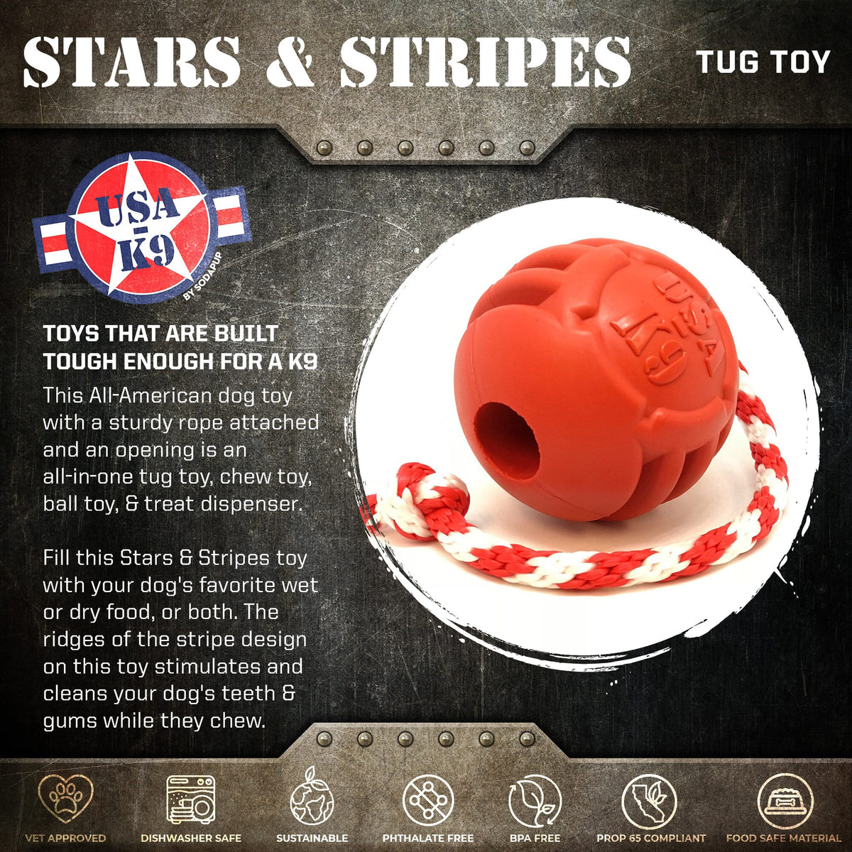 USA-K9 Stars and Stripes Rubber Dog Toy | K9 Handler Reward Toy | Red | USA Made - BIG FRENCHIES