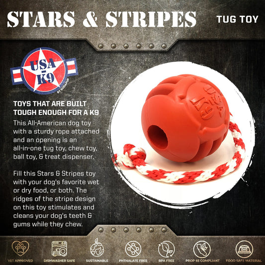 USA-K9 Stars and Stripes Rubber Dog Toy | K9 Handler Reward Toy | Red | USA Made - BIG FRENCHIES