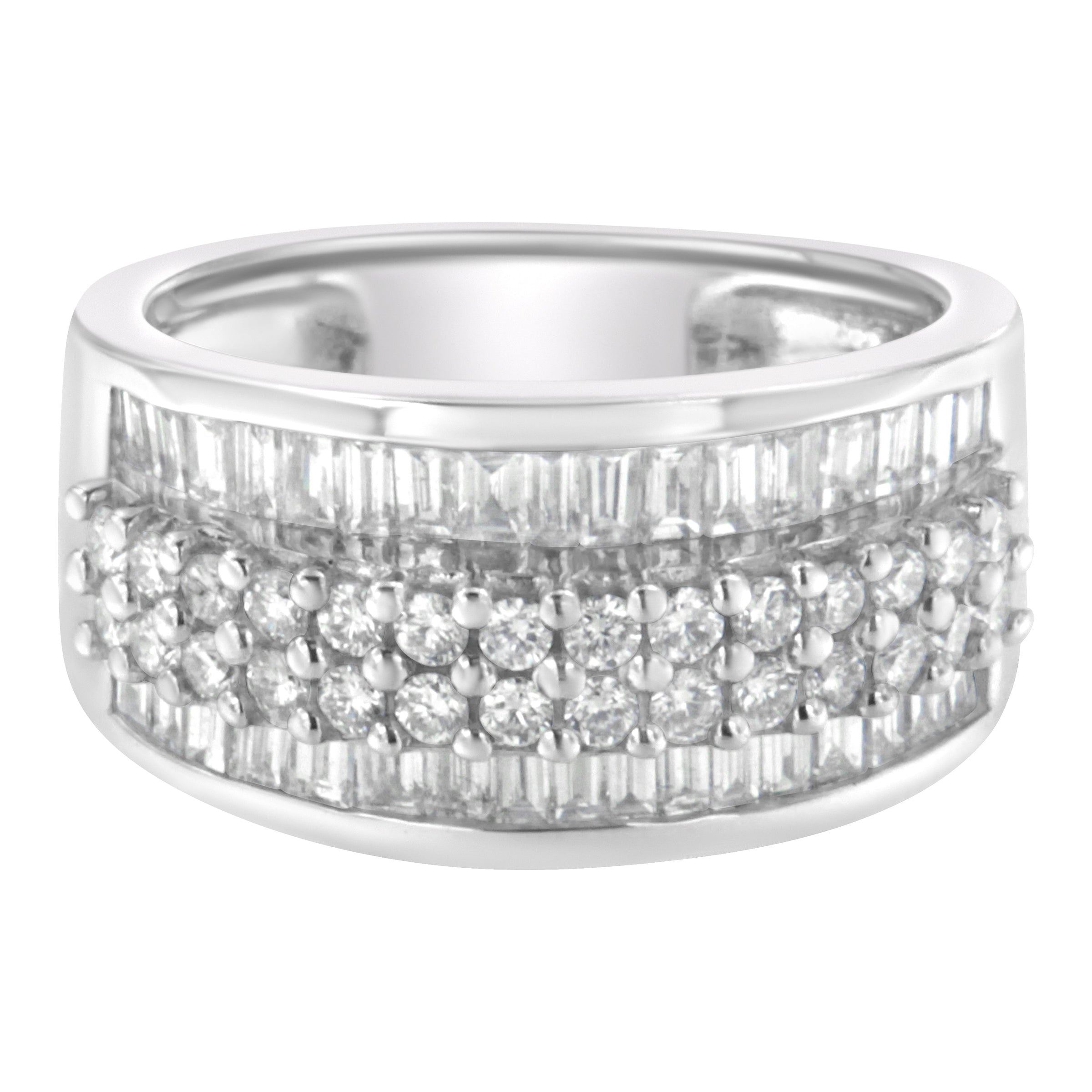 14K White Gold Round and Baguette Diamond Ring (1 1/2 Cttw, F-G Color, SI1-SI2 Clarity) - Size 6-3/4