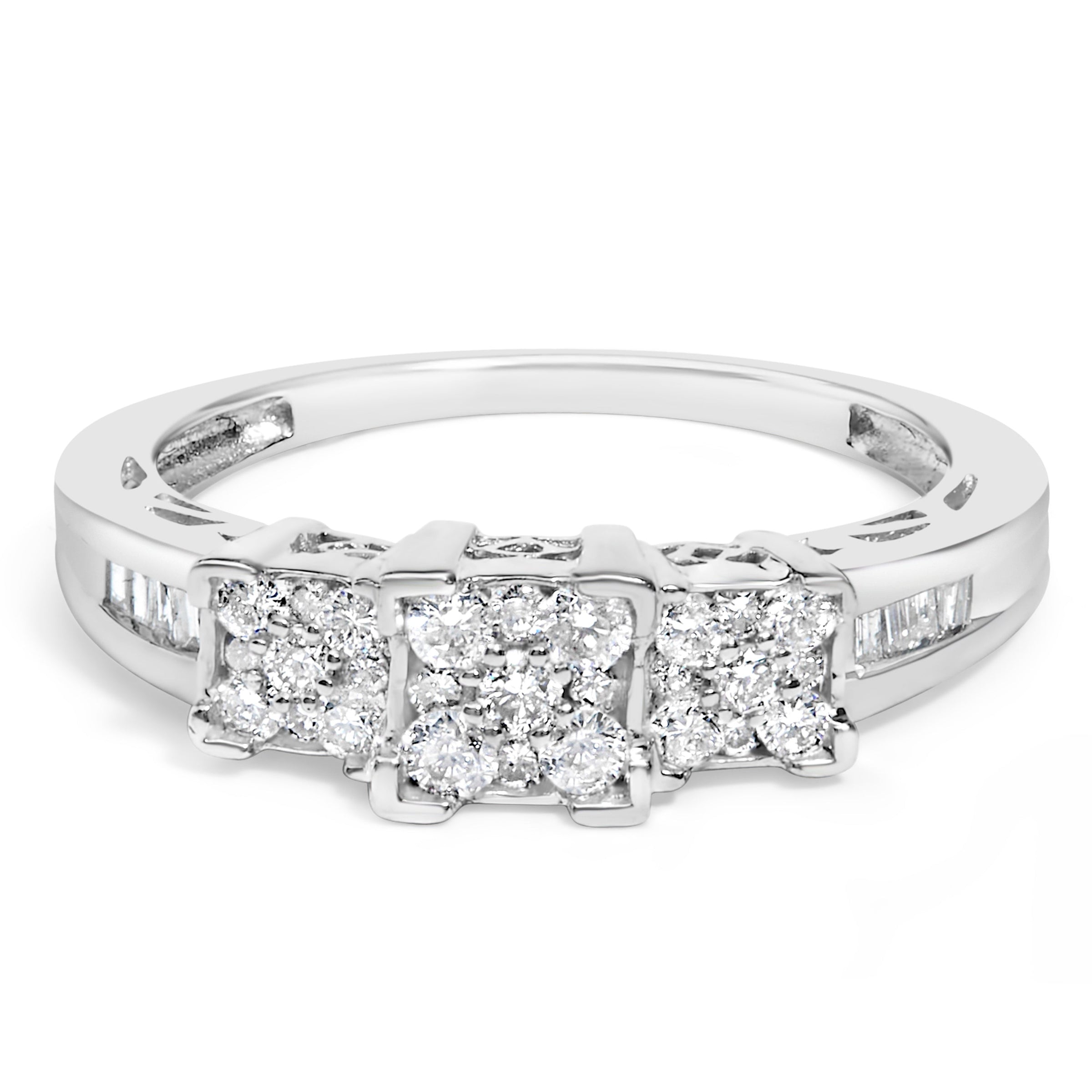 10K White Gold 1/2 Cttw Brilliant & Baguette Cut Diamond 3 Stone Design with 3 Square Clusters Engagement Ring (H-I Color, SI2-I1 Clarity) - Size 6-3/4