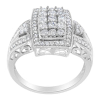 10K White Gold 1.0 Cttw Diamond Rectangular Cushion Shaped Cluster Halo Flared Band Cocktail Fashion Ring (H-I Color, SI2-I1 Clarity) - Size 7