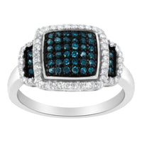 Black Rhodium Plated .925 Sterling Silver 1/2 Cttw White & Blue Diamond Square Halo Cocktail Ring (Fancy Blue & H-I Color, I2-I3 Clarity) - SIze 6