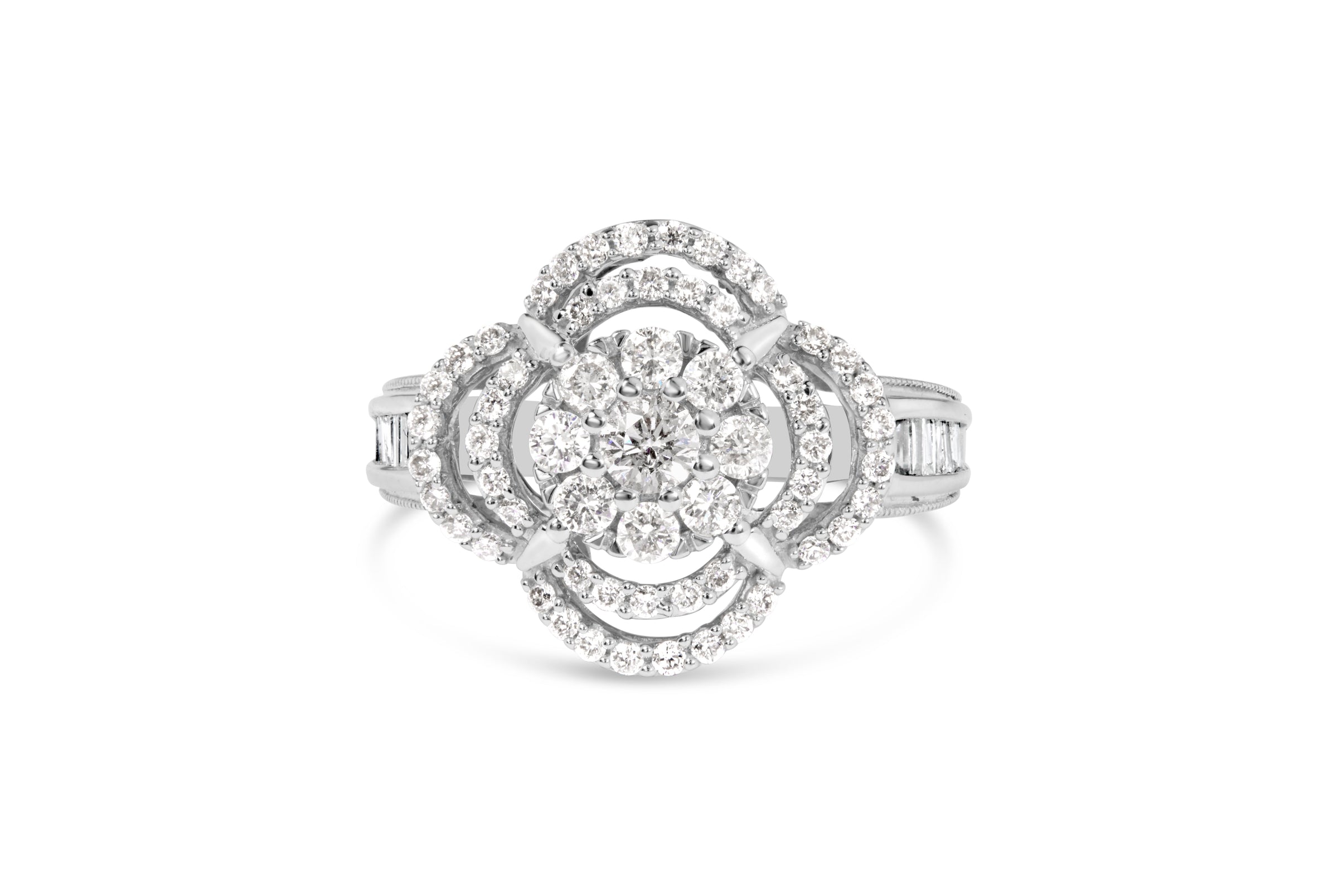 14K White Gold 1.0 Cttw Round & Baguette Cut Diamond Floral Cluster Quatrefoil Channel Set Band Cocktail Statement Ring (H-I Color, SI2-I1 Clarity) - Size 6-3/4