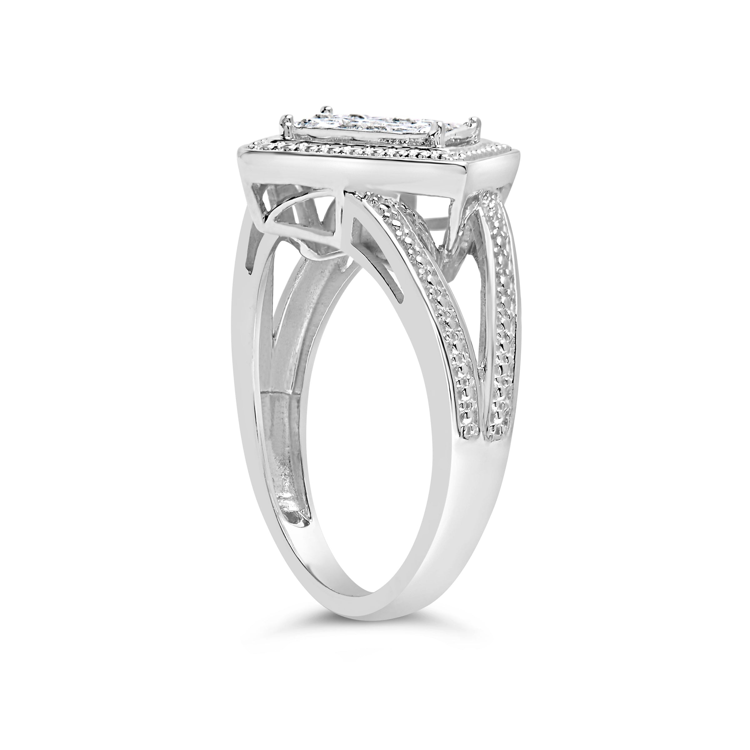 .925 Sterling Silver 1/3 Cttw Invisible Set Princess-Cut Diamond Rhombus and Beaded Halo Ring (H-I Color, SI1-SI2 Clarity) - Ring Size 7