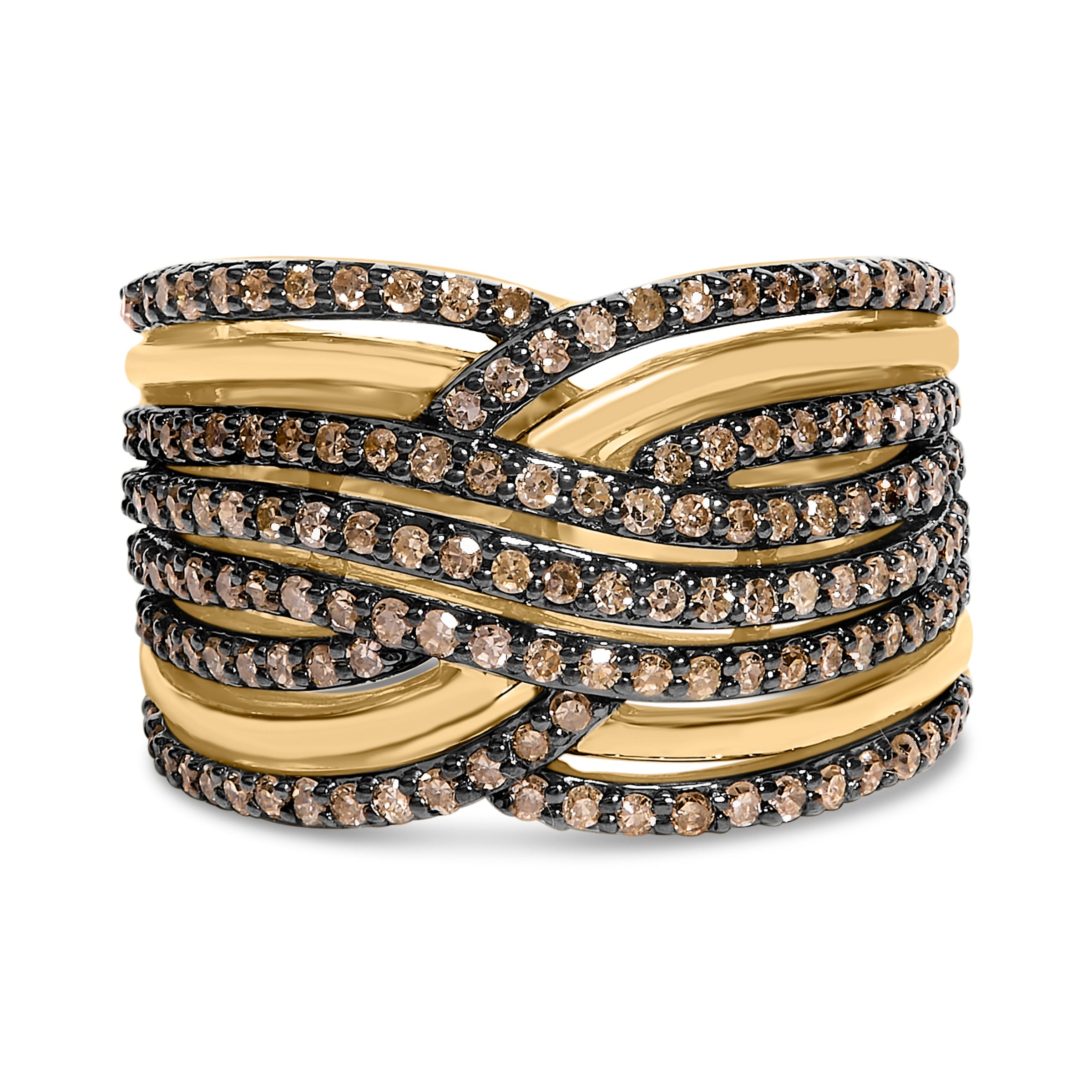10K Yellow Gold Plated .925 Sterling Silver 1.0 Cttw Champagne Diamond Multi Row Cross Over Band Ring - Size 7