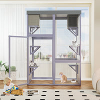 Outdoor Wooden Catio Multi-functional Cat Enclosure, 4 Platforms & 2 Napping Houses, 2 Strong Locks, Rounded Corner, Ste