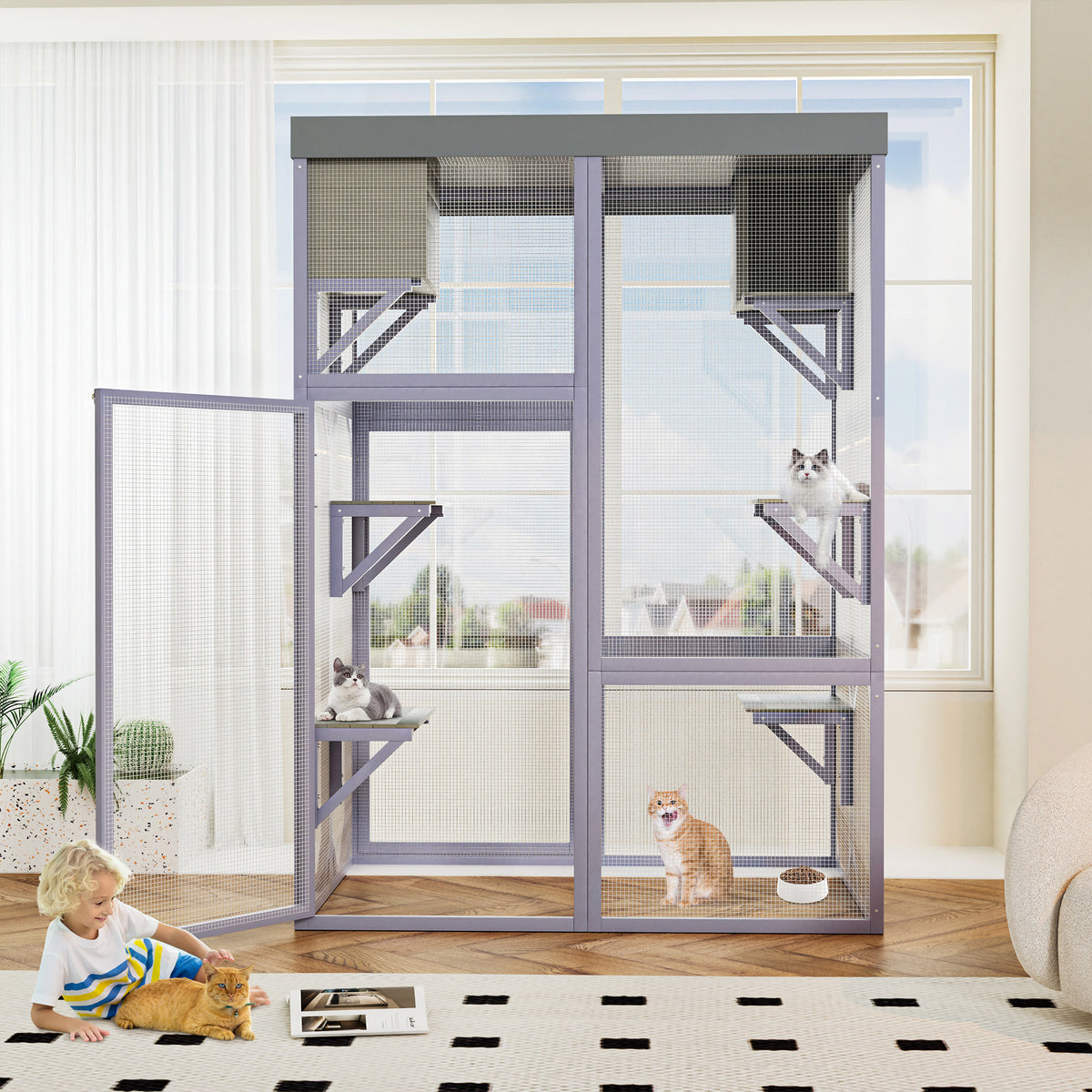 Outdoor Wooden Catio Multi-functional Cat Enclosure, 4 Platforms & 2 Napping Houses, 2 Strong Locks, Rounded Corner, Ste