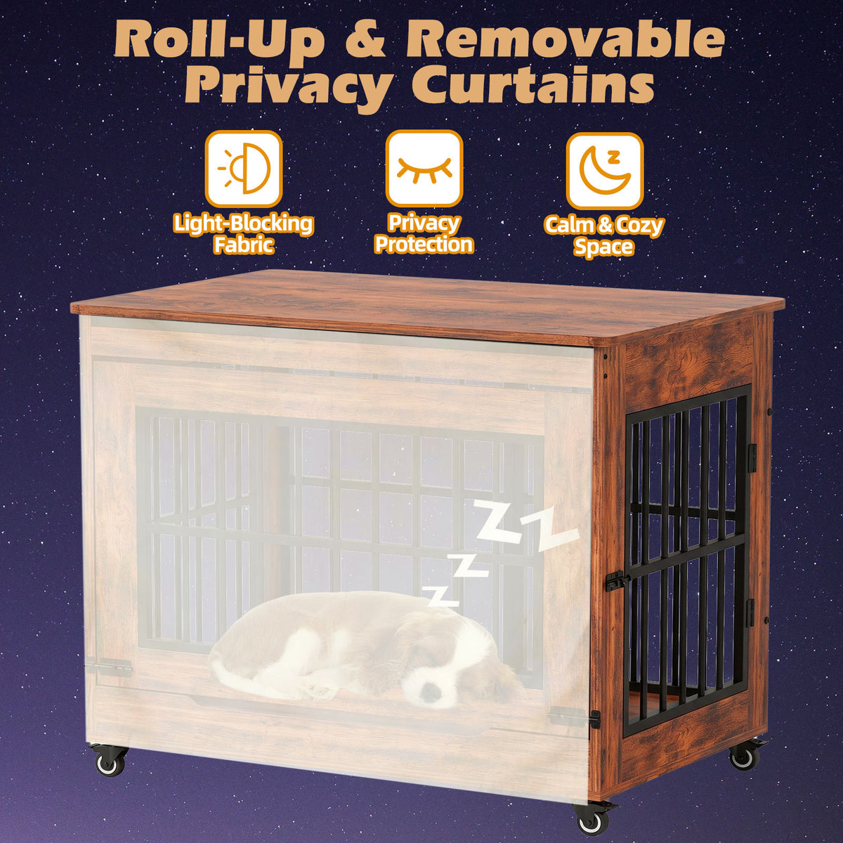 46in Large Dog Crate Furniture, Double Door Wooden Indoor Dog Kennel Furniture, Decorative Pet Cage End Table With Wheel