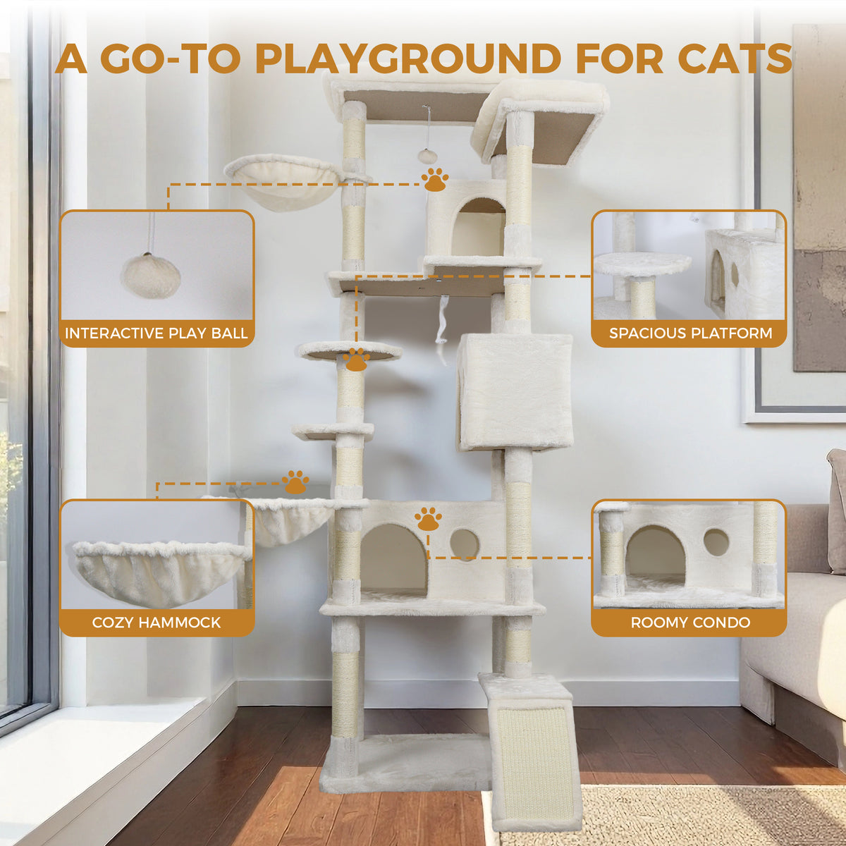 84 in Beige cat tree tower with large condo sisal scratching post big hammock and top platform