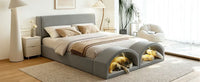 Queen Size Upholstered Platform Bed Frame with Dual Cat Caves, LED Lighted Pet Nests at Footboard, Gray