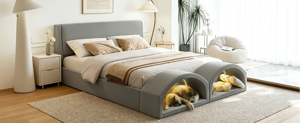 Queen Size Upholstered Platform Bed Frame with Dual Cat Caves, LED Lighted Pet Nests at Footboard, Gray