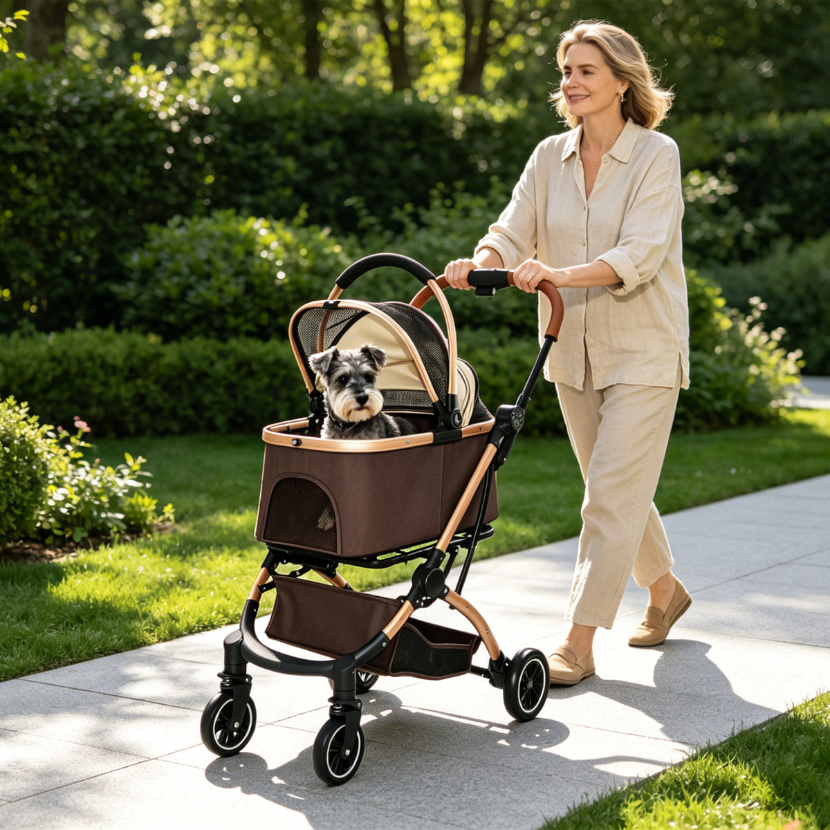 Pet Stroller for Dogs and Cats, 2-in-1 Detachable Foldable 4 Wheels Pet Stroller, Quick One-Hand Fold, Storage Basket, D