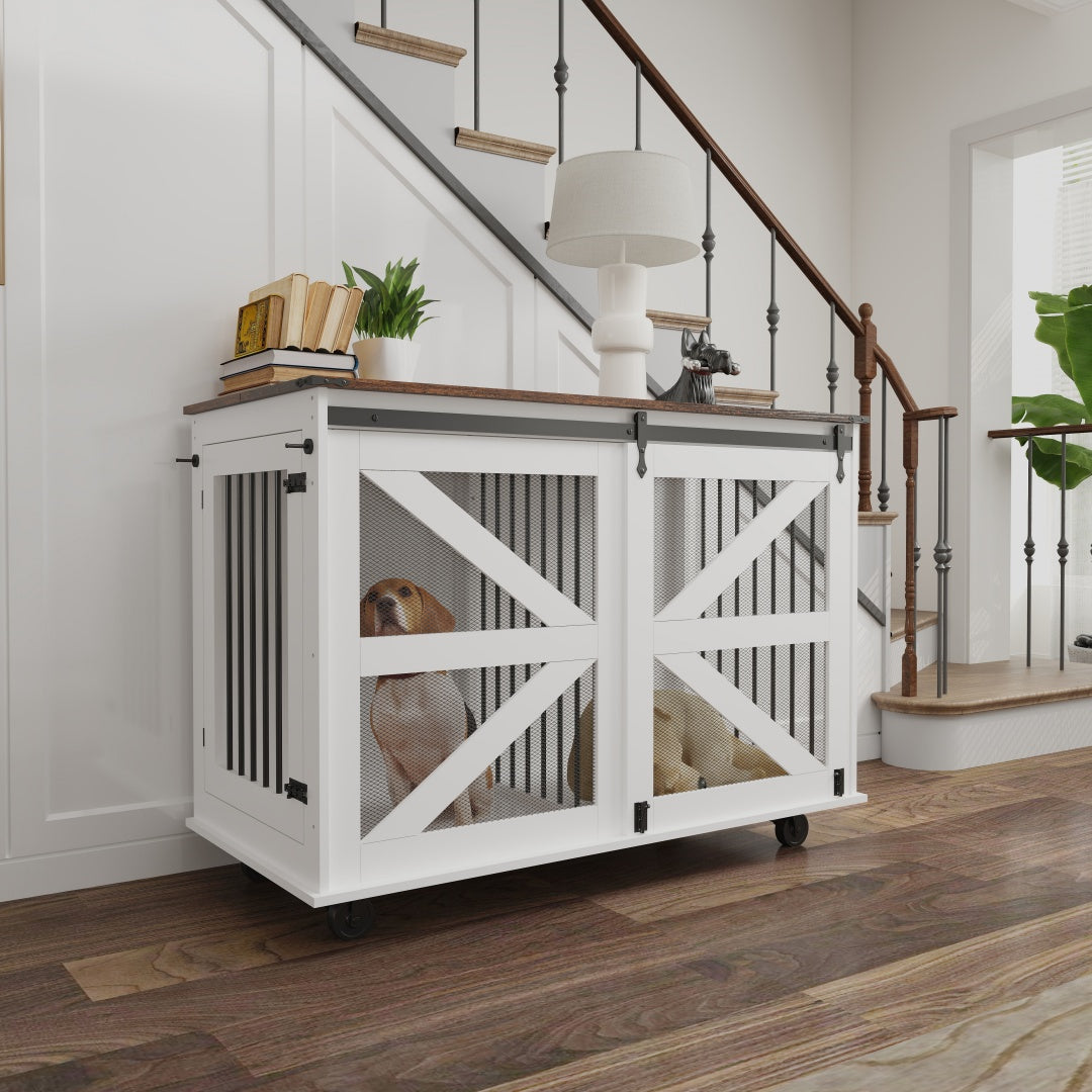 47.2 Mobile Dog Crate With Flip-Top Feeding Door, Dual-Access & 5 Caster System 2 Locking, Side Hooks - Multi-Functional