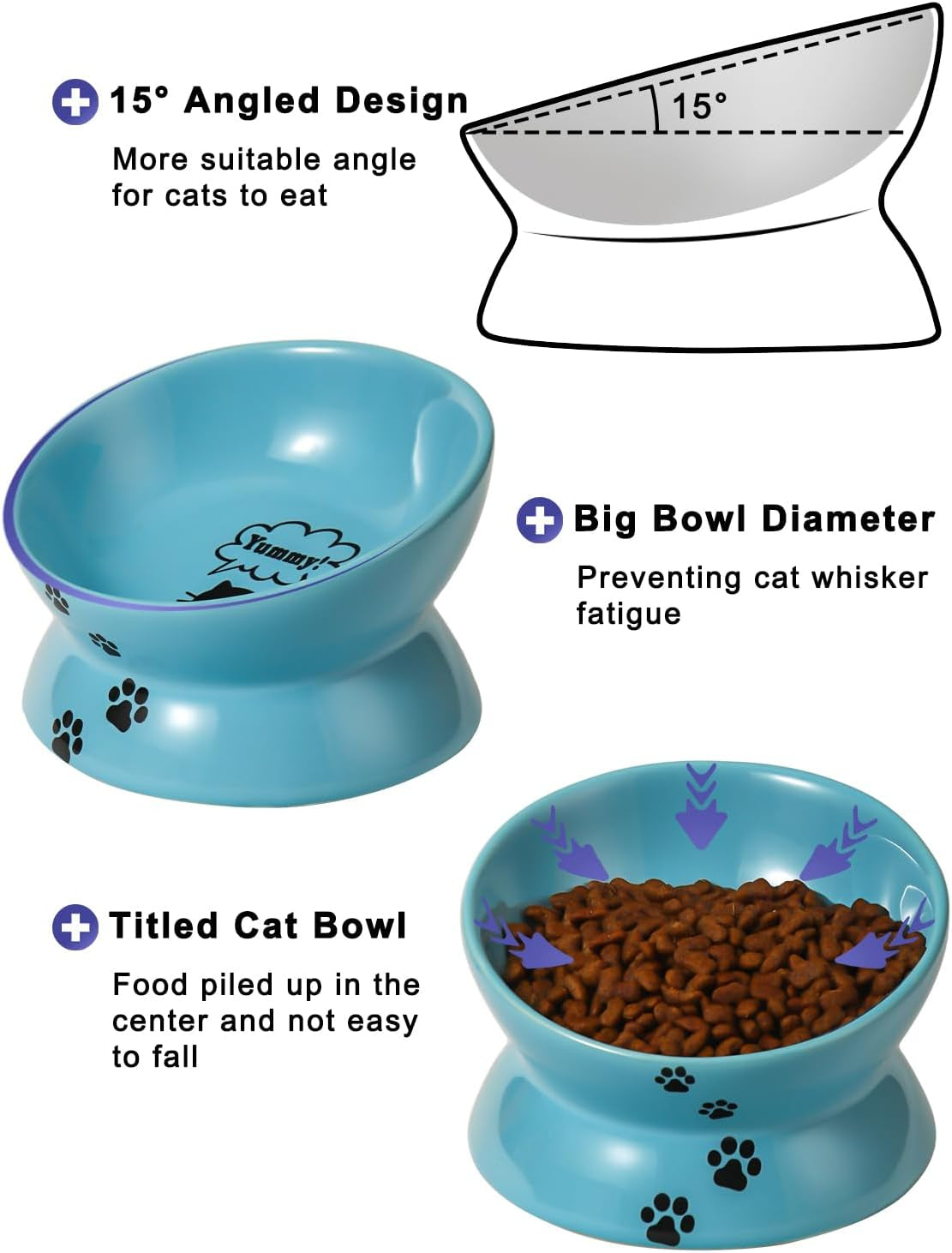 Elevated Cat Food Bowl, Ceramic Raised Cat Bowl, Tilt Angle Protect Cat'S Spine, anti Vomiting Cat Dish, Backflow Prevention, Lake Blue - BIG FRENCHIES