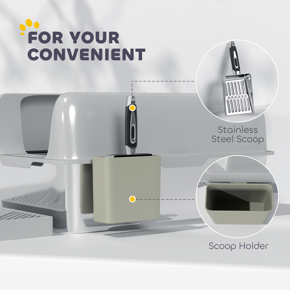 High Sided Stainless Steel Litter Box with Metal Scoop & Scoop Holder, for Easy Clean& Anti-Urine Leakage, Light Gray