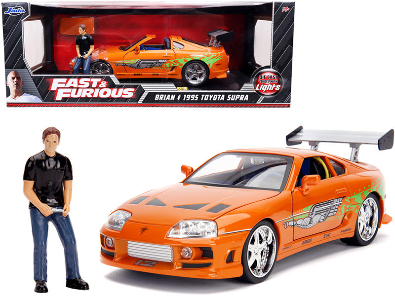 1995 Toyota Supra Orange Metallic with Lights and Brian Figurine "Fast & Furious" Movie 1/18 Diecast Model Car by Jada - BIG FRENCHIES