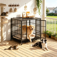 Heavy Duty Dog Crate , Mobile Pet Kennel with Lockable Wheels & Rotary Twist-Latch, Indoor Outdoor Metal Cage with Perfo