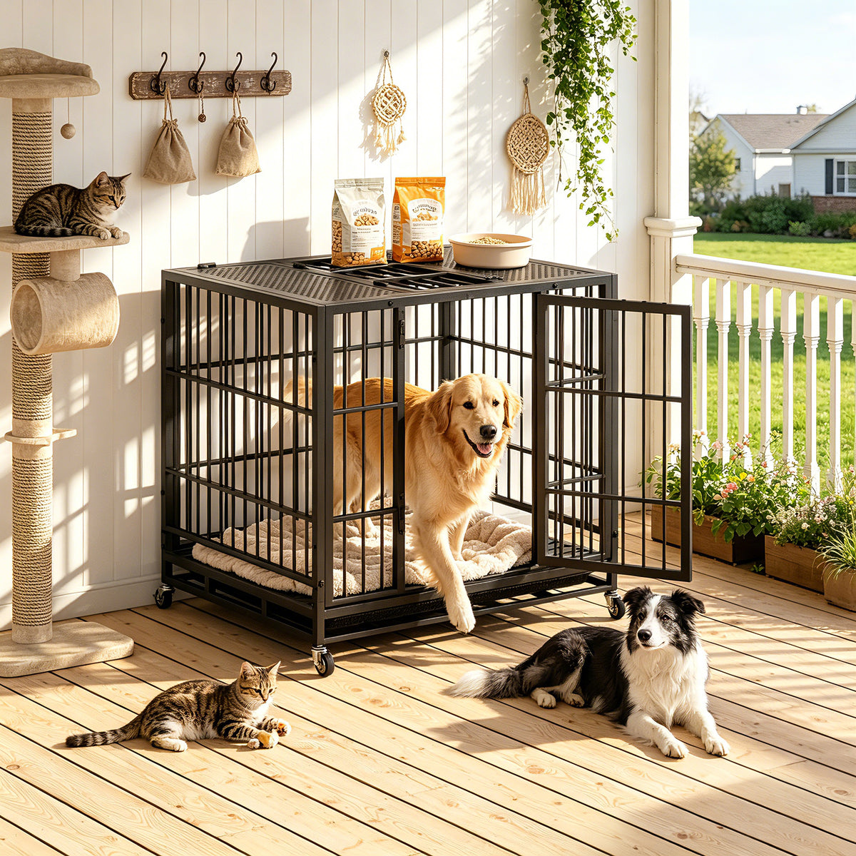 Heavy Duty Dog Crate , Mobile Pet Kennel with Lockable Wheels & Rotary Twist-Latch, Indoor Outdoor Metal Cage with Perfo