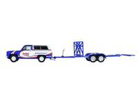 1986 Chevrolet K5 Blazer Blue and White and 1969 Chevrolet Camaro #5 Blue and White "Kyle Larson - Hendrick Motorsports" with Tandem Car Trailer "Racing Hitch & Tow" Series 6 1/64 Diecast Model Cars by Greenlight
