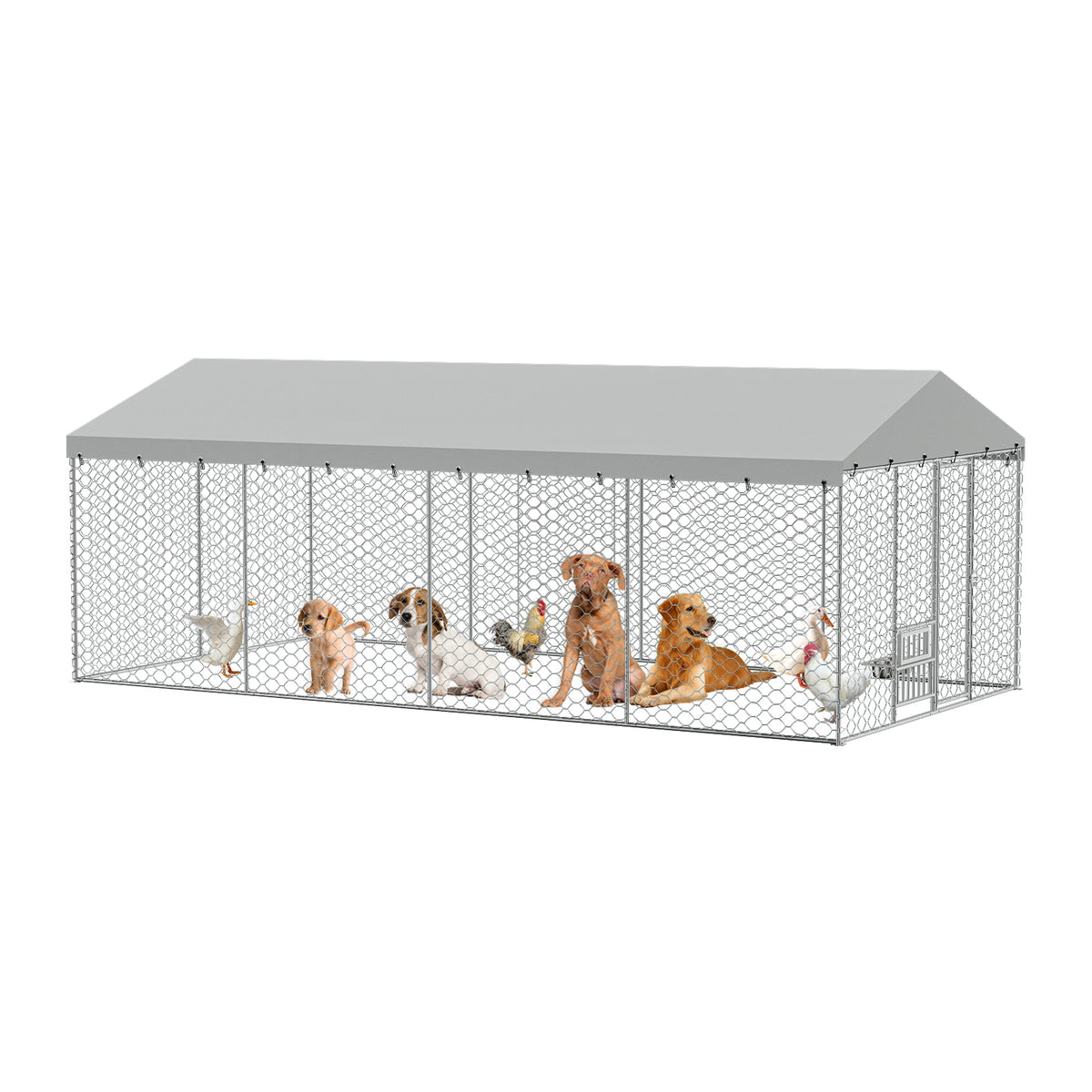 20x10 FT Large Outdoor Dog Kennel with Canopy, Heavy Duty Galvanized Steel Frame, Waterproof Cover, Built-in Elevated Fe