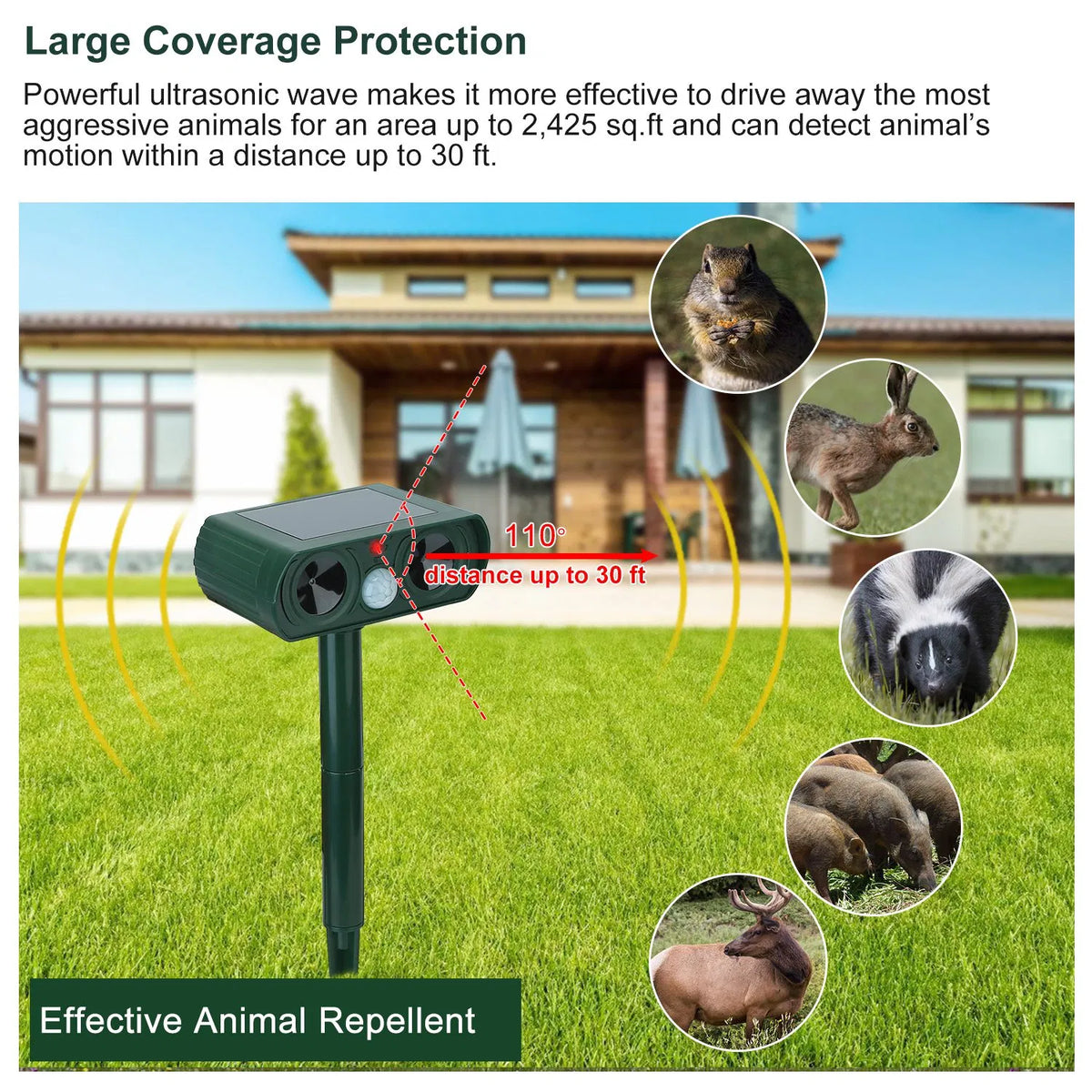 Ultrasonic Animal Repeller Solar Powered Motion Sensor Repellent IPX4 Waterproof Outdoor For Farm Garden Yard Repelling 