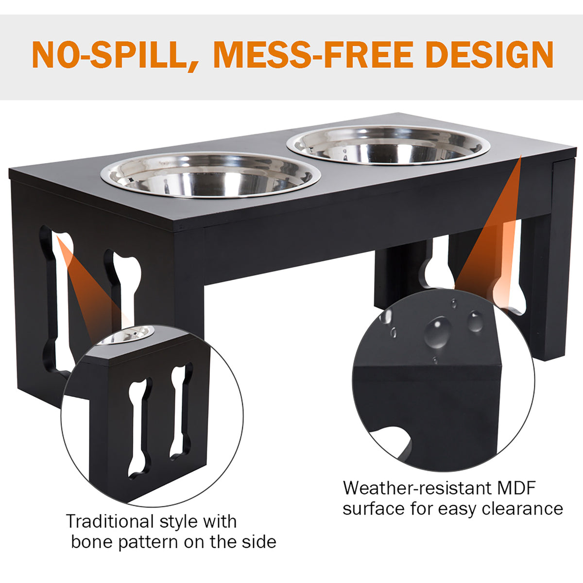 23" Modern Decorative Raised Dog Bowls, Wooden Heavy Duty Pet Food and Water Bowl, Elevated Feeding Station, Black