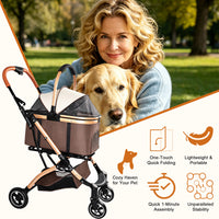 Pet Stroller for Dogs and Cats, 2-in-1 Detachable Foldable 4 Wheels Pet Stroller, Quick One-Hand Fold, Storage Basket, D