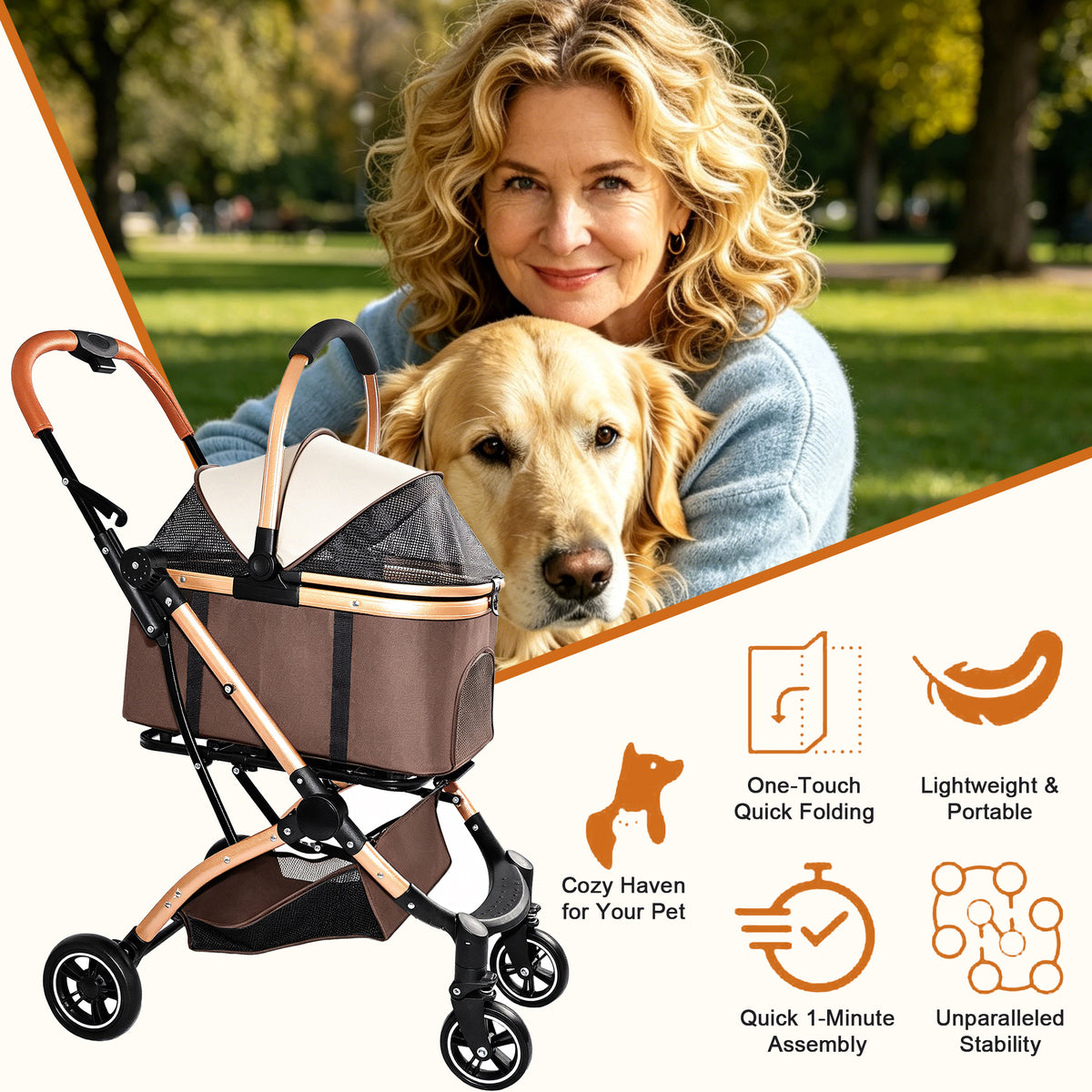 Pet Stroller for Dogs and Cats, 2-in-1 Detachable Foldable 4 Wheels Pet Stroller, Quick One-Hand Fold, Storage Basket, D