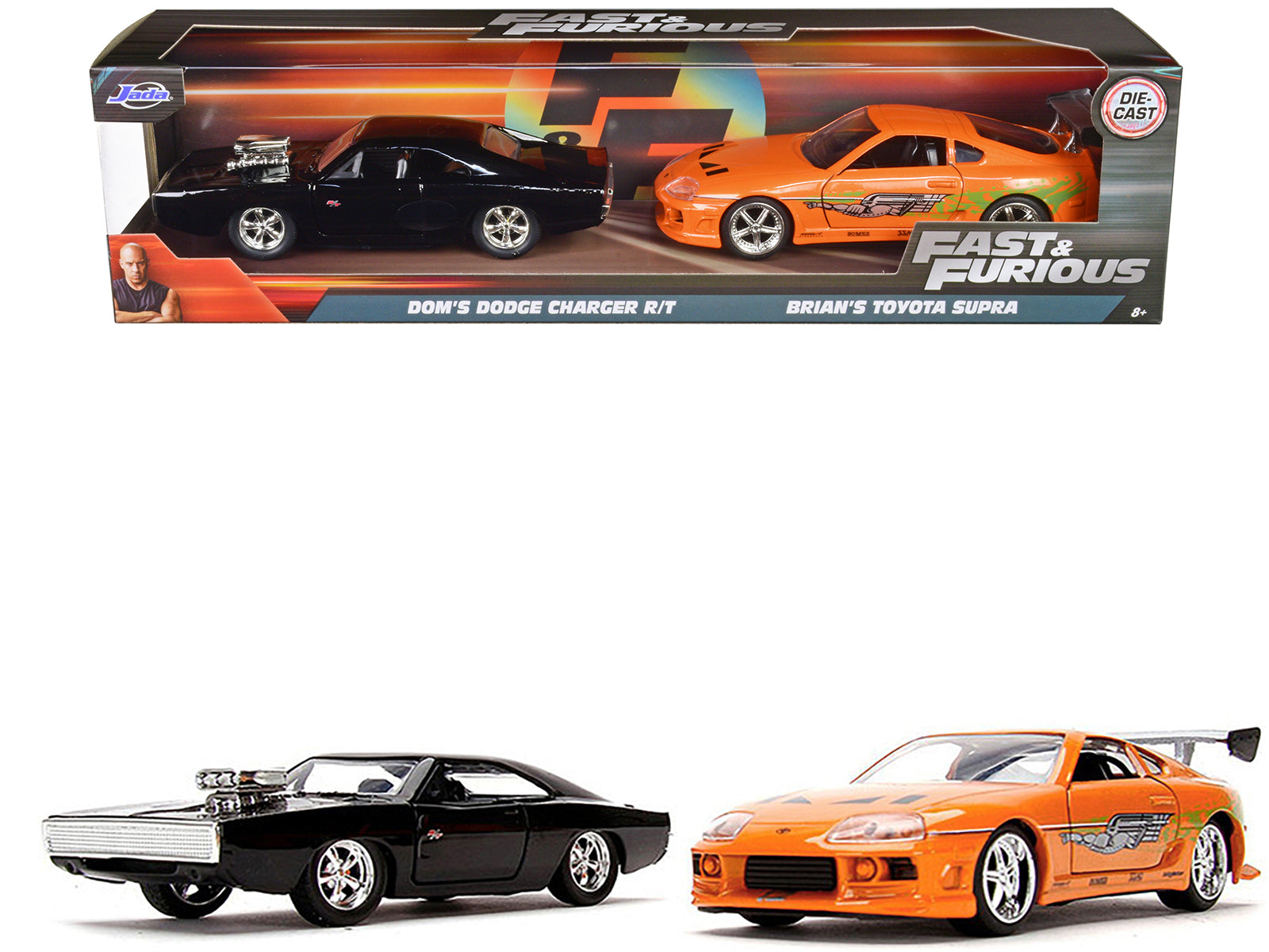 Dom's Dodge Charger R/T Black and Brian's Toyota Supra Orange Set of 2 pieces "Fast & Furious" Series 1/32 Diecast Model Cars by Jada - BIG FRENCHIES