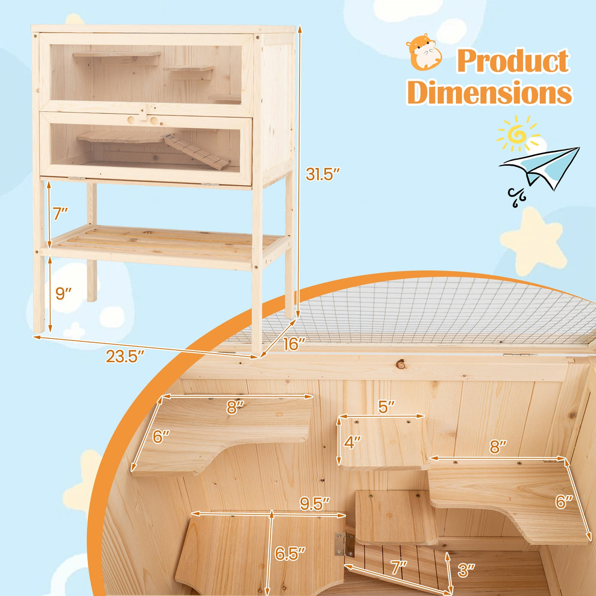 31.5 Inches Freestanding Hamster Cage Wooden Hamster Habitat Playpen-Natural