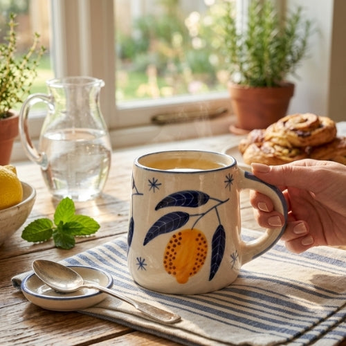 Yellow Lemon Coffee Mug | Handpainted Stoneware | 250ml (Set of 2)