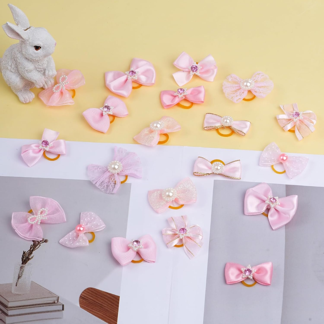 20 PCS Cute Dog Hair Bows With Rubber Bands Elastic Handmade Mix Style Lace Rhinestone Pearls For Furry Puppy Cat Pet Gi