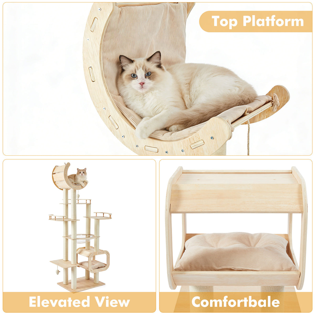 Heavy-Duty No-Drill Large Cat Tree-Solid Wood, 5-Story Multi-Column Cat Tower, 80.4in For Large Spaces & Multi-Cat House