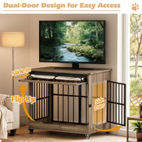 42in Large Dog Crate Furniture, Double Door Wooden Indoor Dog Kennel Furniture, Decorative Pet Cage End Table With Wheel