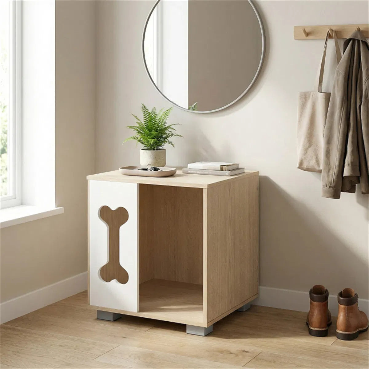 Cat Dog House Dog Bed Side Table Wooden Dog Condo with Bone-shape Window and Thick Metal Legs