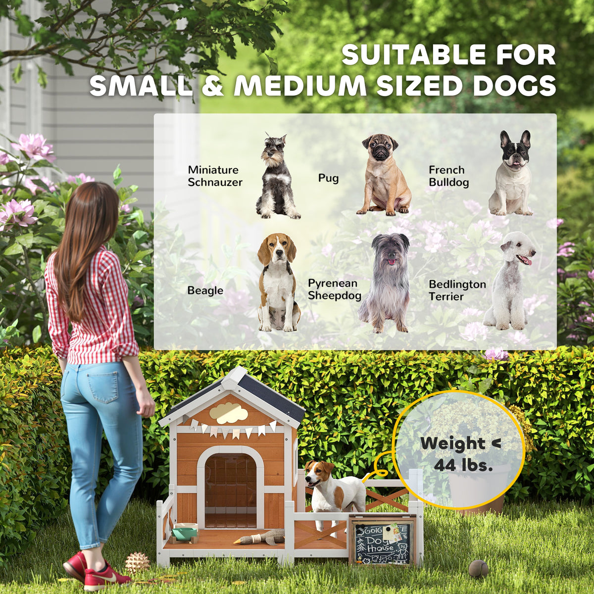 Outdoor Wooden Dog House, Dog Shelter with Large Porch, Weatherproof & Openable Roof, Elevated Base, Removable Floor