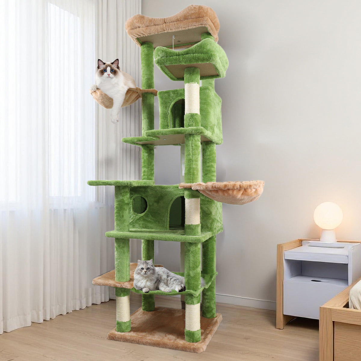 68in Tall Multi-Level Green Cat Tree with Hammocks, Hanging Basket, Cat Cave, Removeable Cushion, Scratching Posts - Plu