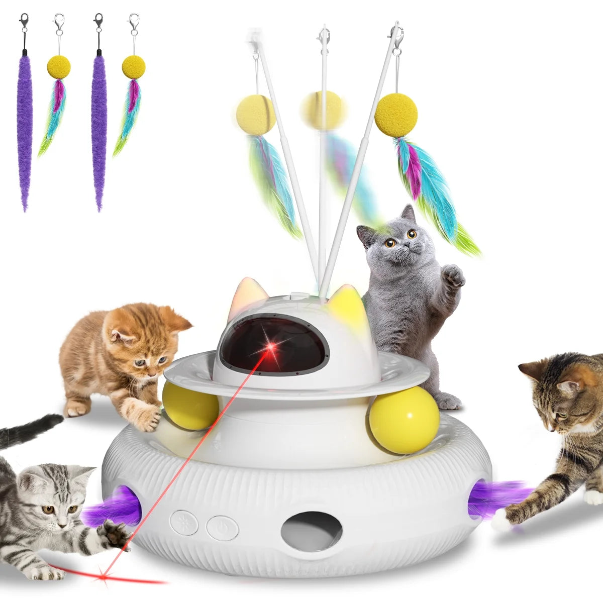 Unleash the Fun with 4-in-1 Interactive Cat Toys! 🐾🚀 Rechargeable Laser, 360° Rotation, and Exciting Track Balls for Endless Indoor Playtime! 🌟✨ - BIG FRENCHIES