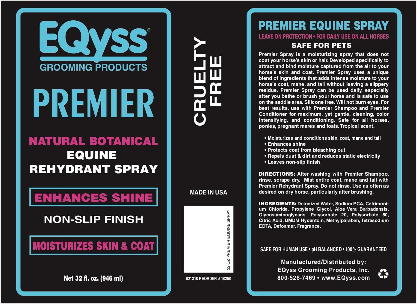 EQyss Premier Equine Horse Spray Moisturizes Skin and Coat 32 oz. Repel Dust Non-Slip