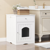 White Wooden Cat Litter Box Enclosure W Drawer & Side Table, Indoor Pet Crate Nightstand For Home