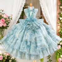 Luxury Blue Floral Pet Wedding Dress with Detachable Long Train Princess Gown