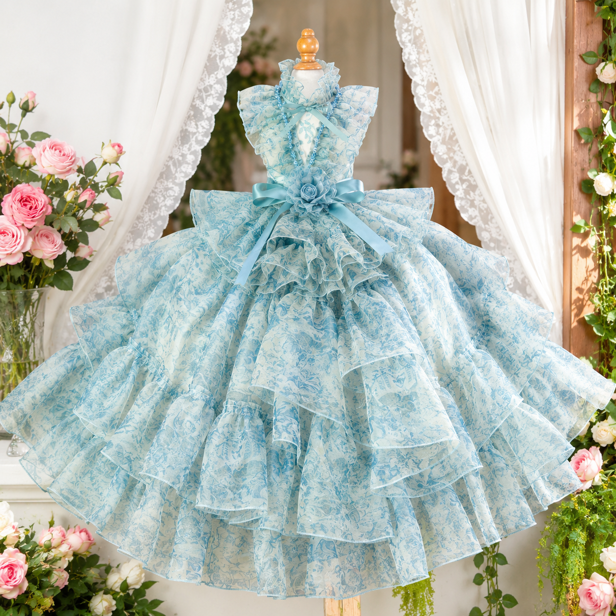 Luxury Blue Floral Pet Wedding Dress with Detachable Long Train Princess Gown