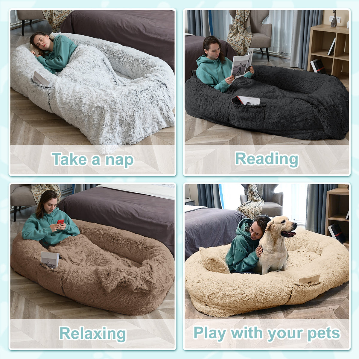 Human Dog Bed - 63 In X 31.4 In X 9.5 In Washable Faux Fur Lounger For Adults & Pets, Cushion With Orthopedic Support, I
