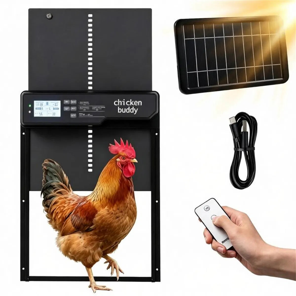 Solar Powered Automatic Chicken Coop Door with 4 Control Modes Light Sensor Timer Remote Manual, Anti-Pinch Weatherproof