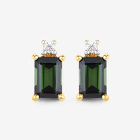1.24 Carat Genuine Green Tourmaline and White Diamond 14K Yellow Gold Earrings
