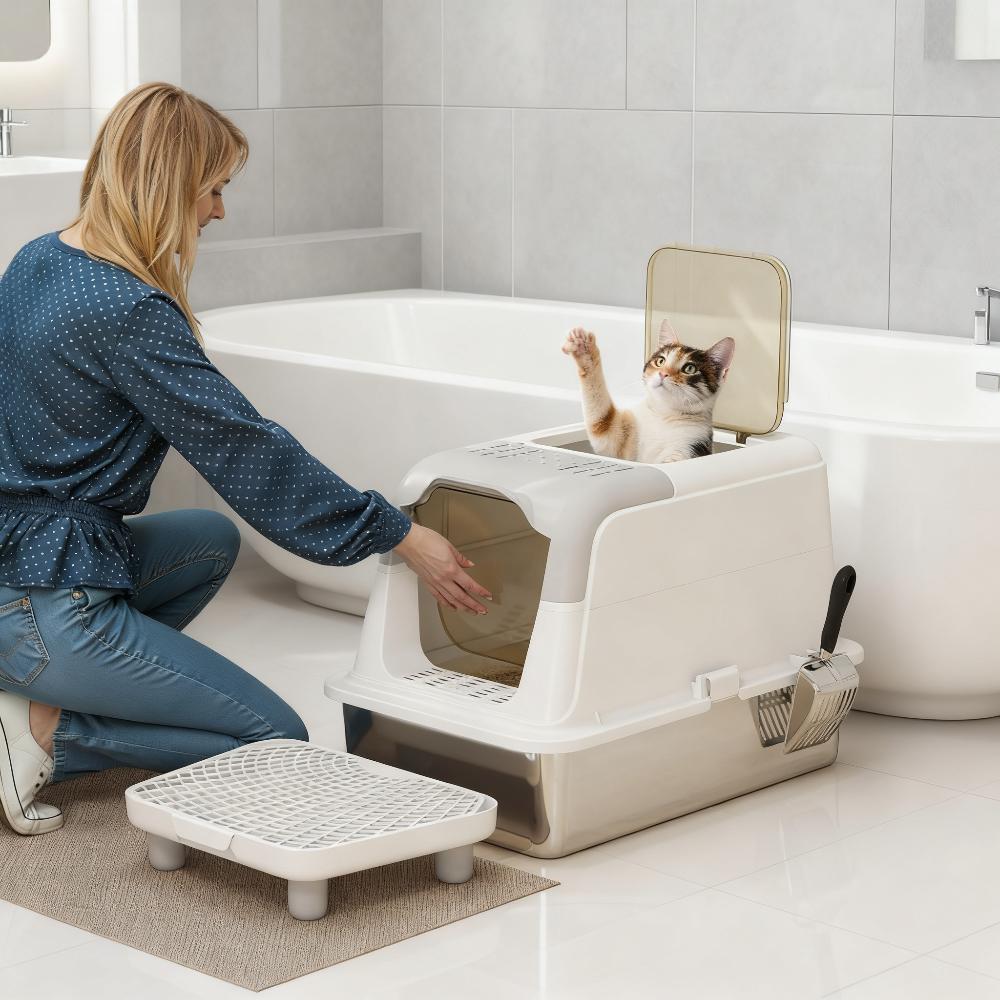 Cat Litter Box, Enclosed Cat Litter Box With Scoop, Deodorizer Bag