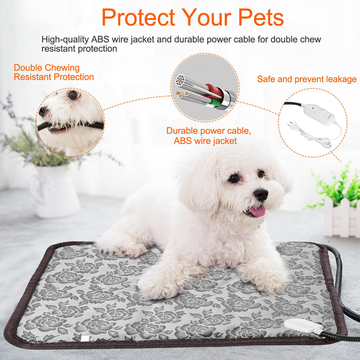 1Pc Pet Heating Pad Dog Cat Electric Heating Mat Waterproof Adjustable Warming Blanket With Chew Resistant Steel Cord Ca